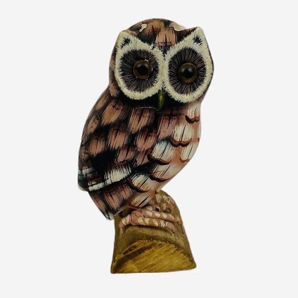 Vintage 1960s Hand Carved Wood Owl Spring Feet Mid Century Primitive Steampunk